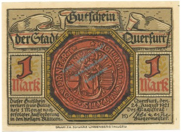 Querfurt , Notgeld 1 Mark -Nr.1- unc-kfr. M-G.1090.1 , SA 1921 Seriennotgeld -5827-