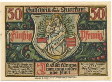 Querfurt , Notgeld 50 Pfennig -Nr.1- unc-kfr. M-G.1090.2 , SA 1921 Seriennotgeld -5825-