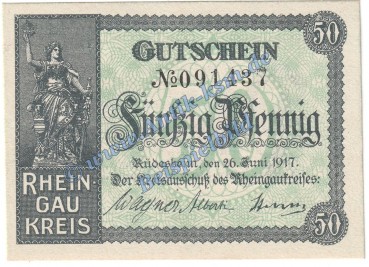 Rüdesheim , Notgeld 50 Pfennig -mit WZ- in kfr. Tieste 6280.05.07 , Hessen 1917 Verkehrsausgabe