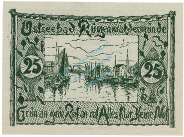 Preview: Rügenwaldermünde , Notgeld 25 Pfennig Schein unc-kfr. M-G 1149.1.c , POM 1921 Seriennotgeld -5737-