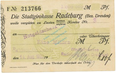 Radeburg , Banknote 1 Million Mark Scheck unc-kfr. Keller 4414.h , Sachsen 1923 Inflation