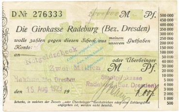 Radeburg , Banknote 2 Millionen Mark Scheck gbr. Keller 4414.k , Sachsen 1923 Inflation