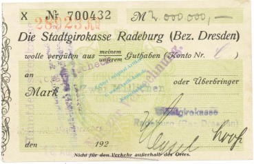 Radeburg , Banknote 2 Million Mark Scheck gbr. Keller 4414.p , Sachsen 1923 Inflation