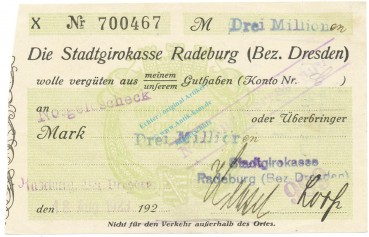 Radeburg , Banknote 3 Million Mark Scheck unc-kfr. Keller 4414.p , Sachsen 1923 Inflation