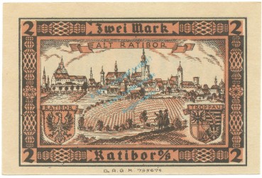 Preview: Ratibor , Notgeld 2 Mark Schein -blanco- unc-kfr. M-G 1100.1.c , OSL o.D. Seriennotgeld -5809-