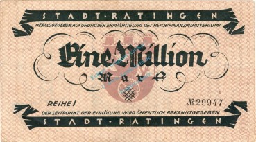 Ratingen , Banknote 1 Million Mark Schein gbr. Keller 4443.a , Rheinland 1923 Inflation