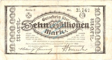 Recklinghausen , Banknote 10 Millionen Mark Schein gbr. Keller 4465.e , Westfalen 1923 Inflation
