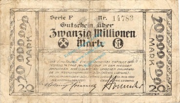Recklinghausen , Banknote 20 Millionen Mark Schein gbr. Keller 4465.f , Westfalen 1923 Inflation