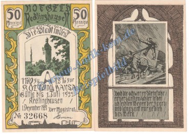Recklinghausen , Notgeld 50 Pfennig Schein Nr.2 in kfr. M-G 1103.1.a , Westfalen 1921 Seriennotgeld