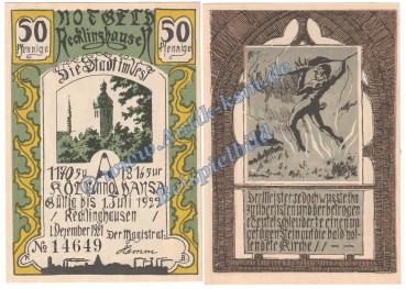 Recklinghausen , Notgeld 50 Pfennig Schein Nr.4 in kfr. M-G 1103.1.a , Westfalen 1921 Seriennotgeld