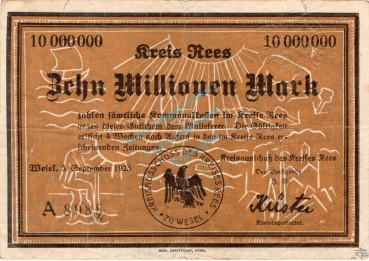 Rees , Banknote 10 Millionen Mark Schein gbr. Keller 4467.a , Rheinland 1923 Inflation