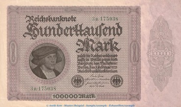 Reichsbanknote , 100.000 Mark Schein in f.kfr. DEU-93.d, Ros.82, P.83 , vom 01.02.1923 , Weimarer Republik - Inflation