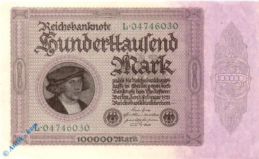 Reichsbanknote , 100.000 Mark Schein kfr , DEU-93 a , Rosenberg 82 , P 83 , vom 01.02.1923 , Nachkriegszeit und Inflation