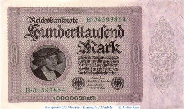 Reichsbanknote , 100.000 Mark Schein , l-gbr. DEU-93.a , Ros.82, P.83 , vom 01.02.1923 , Nachkriegszeit und Inflation