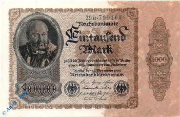 1000 Mark Schein -Bogen WZ- unc-kfr. 1922 DEU-92, Ros.81, P.82 , Weimarer Republik -0251-  Bogen WZ = 2
