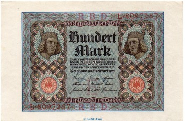 Reichsbanknote , 100 Mark Schein 7-stellig , DEU-75.a, Ros.67, P.69, vom 01.11.1920 , Nachkriegszeit und Inflation