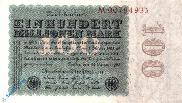 Reichsbanknote , 100 Millionen Mark , Reichsdruck , DEU-119 a , Rosenberg 106 , P 107 , vom 22.08.1923 , Nachkriegszeit und Inflation