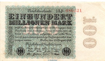 Reichsbanknote , 100 Millionen Mark Schein in gbr. DEU-120.e, Ros.106, P.107 , vom 22.08.1923 , Weimarer Republik - Inflation
