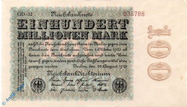 Reichsbanknote , 100 Millionen Mark , Wz Sterne mit S , DEU-120 n , Rosenberg 106 , P 107 , vom 22.08.1923 , Nachkriegszeit und Inflation
