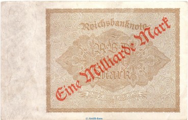 Preview: Reichsbanknote , 1 Milliarde Überdr. ORANGE in L-gbr. DEU-126.F.e, Ros.110, P.113 vom 15.12.1922 , Weimarer Republik - Inflation