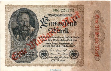 Preview: Reichsbanknote , 1 Milliarde Überdr. ORANGE in L-gbr. DEU-126.F.e, Ros.110, P.113 vom 15.12.1922 , Weimarer Republik - Inflation