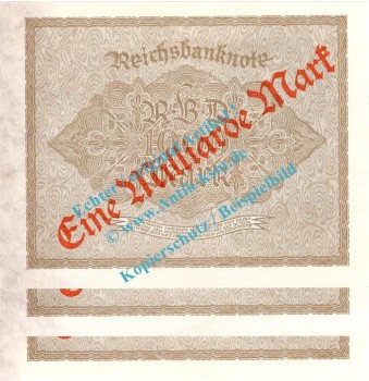 Preview: Reichsbanknoten , 1 Milliarde Mark --ORANGE 3 x fortl KN Bo. WZ -- , DEU-126.F.e, Ros.110, P.113 , Weimarer Republik - Inflation