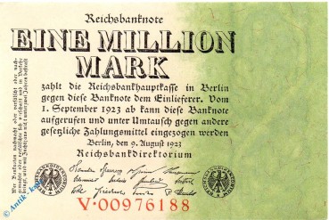 Reichsbanknote , 1 Million Mark Schein kfr , DEU-113 , Rosenberg 100 , Pick 101 , vom 09.08.1923 , Nachkriegszeit und Inflation
