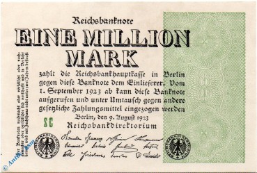 Reichsbanknote , 1 Million Mark Schein , Wz Ringe , DEU-114 c , Rosenberg 101 , P 102 , vom 09.08.1923 , Weimarer Republik