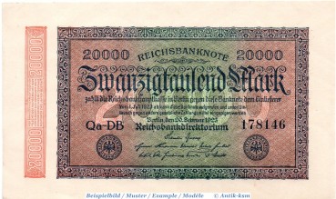 Reichsbanknote , 20.000 Mark Schein in kfr. Hakensterne , DEU-95 , Ros.84 , P.85 , vom 22.02.1923 , Nachkriegszeit und Inflation