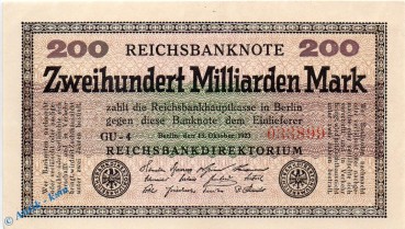 Reichsbanknote , 200 Milliarden Mark Schein kfr. DEU-143 g , Rosenberg 118 , P 121 , vom 15.10.1923 , Inflation