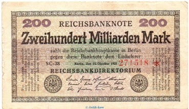 Reichsbanknote , 200 Milliarden Mark Wz.Ringe in gbr. DEU-143.b, Ros.118, P.121 von 1923 , Inflation