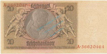 Preview: Reichsbanknote , 20 Mark Schein -B 1- in unc-kfr. DEU-184.a, Ros.174, P.181 Weimarer Republik 1929 Reichsbank