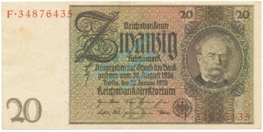 Reichsbanknote , 20 Mark Schein -B 2- in unc-kfr. DEU-184.a, Ros.174, P.181 Weimarer Republik 1929 Reichsbank