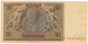Preview: Reichsbanknote , 20 Mark Schein -B 2- in unc-kfr. DEU-184.a, Ros.174, P.181 Weimarer Republik 1929 Reichsbank