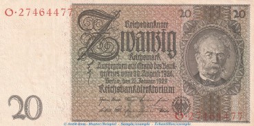 Reichsbanknote , 20 Mark Schein -D 1- in gbr. DEU-184.a, Ros.174, P.81 , vom 22.01.1929 , Weimarer Republik - Reichsbank