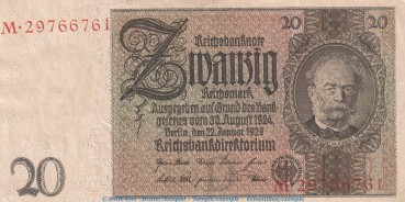 Reichsbanknote , 20 Mark Schein -D1- in kfr. DEU-184.a, Ros.174, P.181 , vom 22.01.1929 , Weimarer Republik - Reichsbank