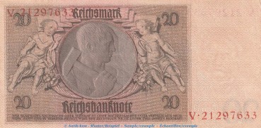 Preview: Reichsbanknote , 20 Mark Schein -E 2- in f-kfr. DEU-184.a, Ros.174, P.81 , vom 22.01.1929 , Weimarer Republik - Reichsbank