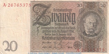 Reichsbanknote , 20 Mark Schein -G 1- in gbr. DEU-184.a, Ros.174, P.81 , vom 22.01.1929 , Weimarer Republik - Reichsbank
