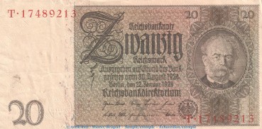 Reichsbanknote , 20 Mark Schein -X 1- in gbr. DEU-184.a, Ros.174, P.81 , vom 22.01.1929 , Weimarer Republik - Reichsbank