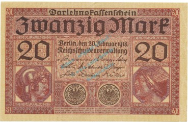Reichsbanknote , 20 Mark Schein L-gbr. DEU-62, Ros.55, P.57 , Deutsches Kaiserreich 1918 Reichsschuldenverwaltung