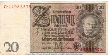 Reichsbanknote , 20 Mark Schein M , B-G , in gbr. DEU-184.b, Ros.174, P.181 vom 22.01.1929 , Weimarer Republik - Reichsbank