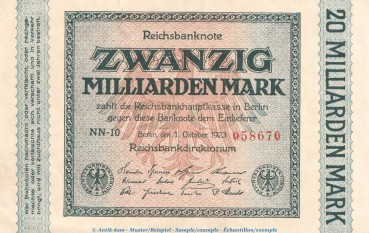 Reichsbanknote , 20 Milliarden Mark -Ringe- in kfr. DEU-137.c, Ros.115, P.118 , vom 01.10.1923 , Weimarer Republik - Inflation