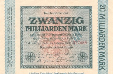 Reichsbanknote , 20 Milliarden Mark Schein in f.kfr. DEU-137.g, Ros.115, P.118 , vom 01.10.1923 , Weimarer Republik - Inflation