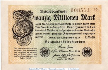 Reichsbanknote , 20 Millionen Mark in kfr. Hakensterne , DEU-121.h , Ros.107 , P.108 , vom 01.09.1923 , Inflation