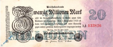 Reichsbanknote , 20 Millionen Mark Schein kfr , DEU-108 c , Rosenberg 96 , P 97 , vom 25.07.1923 , Nachkriegszeit und Inflation