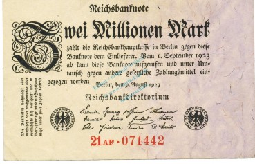 Reichsbanknote , 2 Millionen Mark Schein gbr. DEU-115.c, Ros.102, P.103 Weimarer Republik 1923 Reichsbank