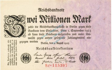 Reichsbanknote , 2 Millionen Mark Schein unc-kfr. DEU-115.c, Ros.102, P.103 Weimarer Republik 1923 Reichsbank