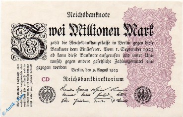 Reichsbanknote , 2 Millionen Mark Schein , Wz Ringe , DEU-116 c , Rosenberg 103 , P 104 , vom 09.08.1923 , Inflation