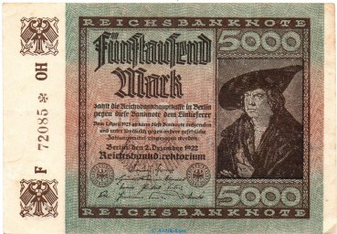 Reichsbanknote , 5.000 Mark Schein Kn. 5-stellig in gbr. DEU-91.c, Ros.80, P.81 , vom 02.12.1922 , Nachkriegszeit und Inflation