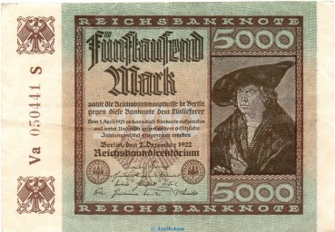 Reichsbanknote , 5.000 Mark Wz Wellen in gbr. DEU-91.e, Ros.80, P.81 , vom 02.12.1922 , Weimarer Republik - Inflation